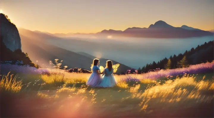 middle distance people butterfly's wings in a valley surrounded by mountains
