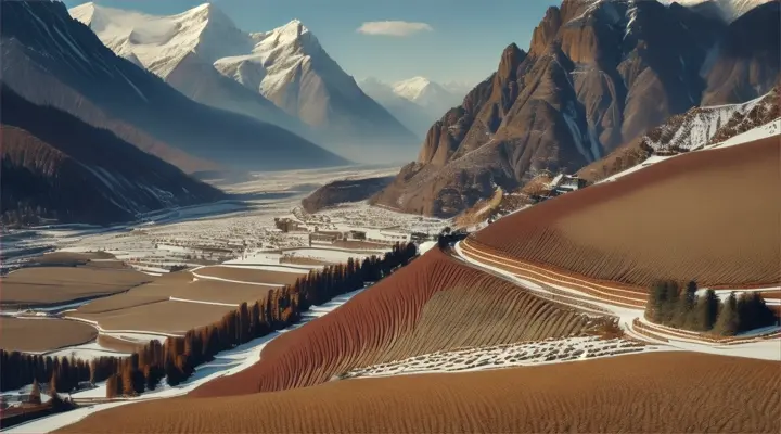 middle distance colourful people in a valley surrounded by mountains