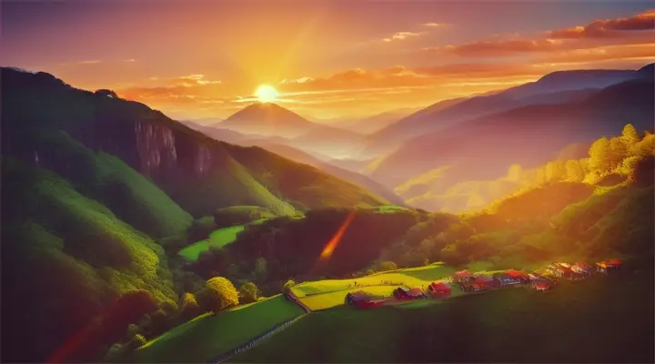 Colorful people in a valley surrounded by golden-hour-lit mountains