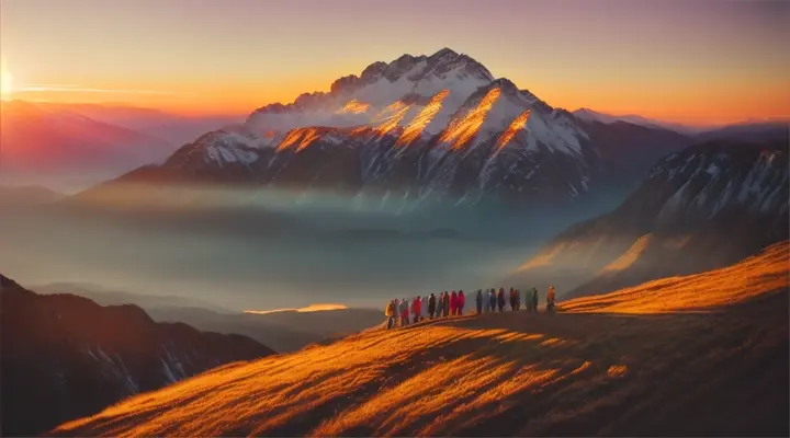 close up Colorful people golden-hour-lit mountains