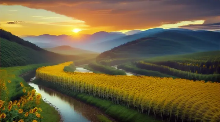 A bird flying over a winding mountain river flowing between towering sunflowers growing along the banks