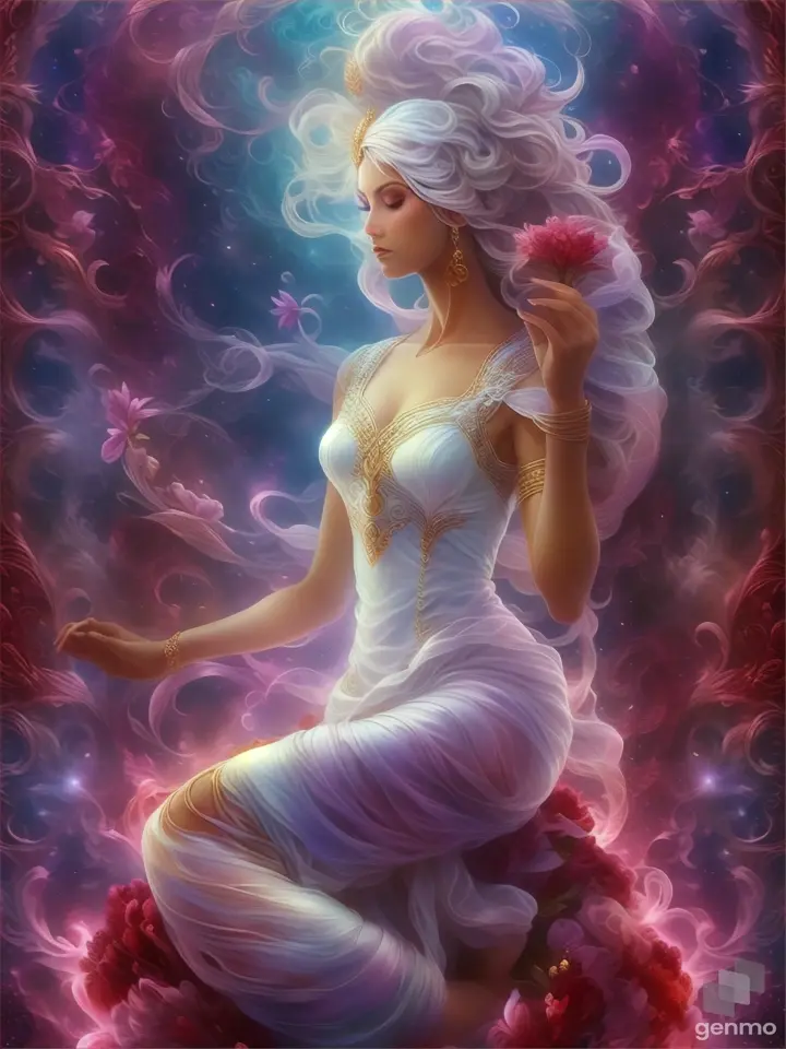 a woman in a white dress holding a flower
