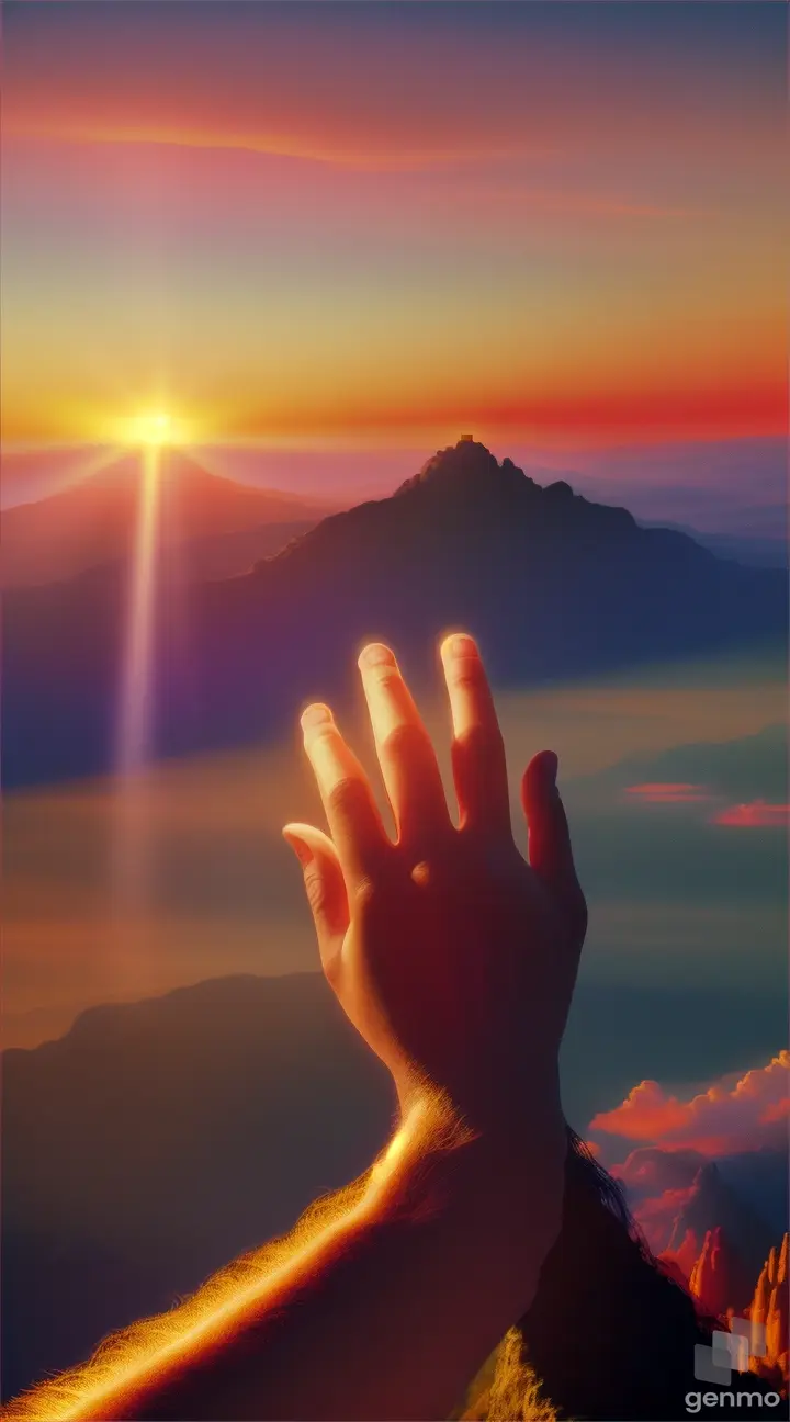 Jesus hand reaching over a mountain horizon at sunset, with fiery clouds and vibrant colors