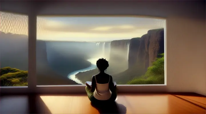 FENG SHUI:  STYLE: ON ZOOM: RELAX ROOM MOOD OR ENVIRONMENT: MINIMALIST INTERIOR DESIGN STYLE: ZEN PANORAMIC WINDOW OVERLOOKING        
                                
NYANGA FALLS  ZIMBABWE









 



, WHILE A WOMAN  AFRICAN, IS SITTING, LISTENING TO RELAX, IN FRONT OF THE PANORAMIC  




 
.

 
 