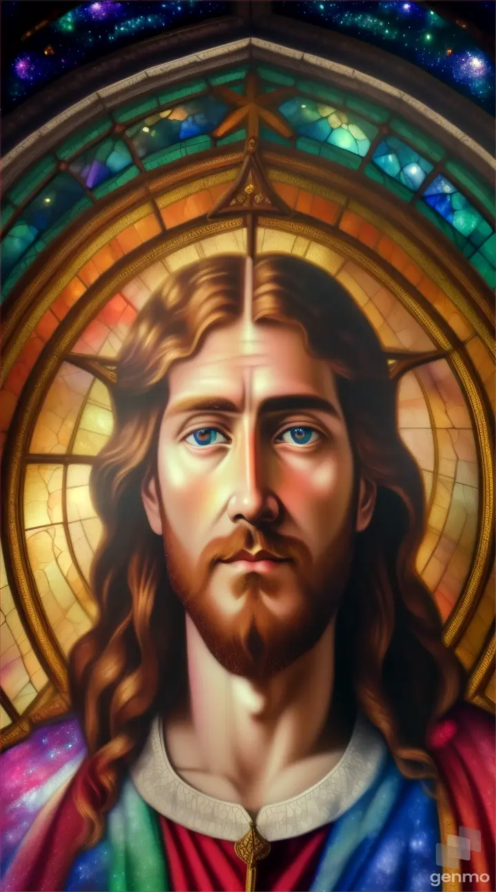 Macro close-up of Jesus' face in stained glass window, with the colorful nebula background creating a celestial halo