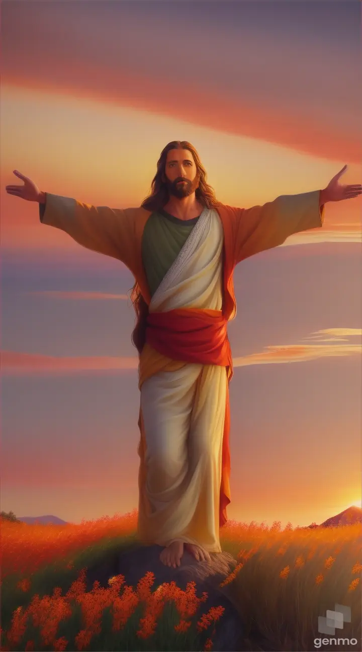 A stunningly vivid and dramatic painting of Jesus Christ, his long hair flowing in the wind, as he reaches out over a mountain horizon at sunset. The sky is filled with fiery, vibrant clouds, painting the scene with a plethora of warm oranges, reds, and yellows. Beneath the sky, the mountains are dotted with wildflowers and grass, creating a sense of peace and serenity. The overall atmosphere is one of awe and wonder, with a touch of divine presence.