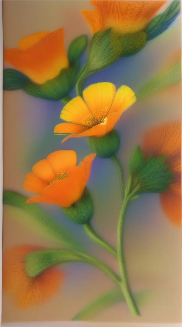 Bright orange California poppies drawn with colored pencils