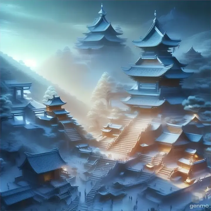 a painting of a chinese village in the snow