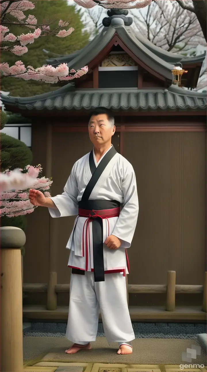 There is a karate teacher, who is a Panda Professor. Now an older adult... with his face of wisdom is standing in the garden of his karate school, looking seriously at his pupil and this teacher is Pointing with his arm stretched completely to the right side where there is a sign that says "Next "door". Vertical 9.6