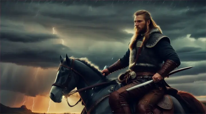 A stormy night with a Viking riding a horse 1474831048