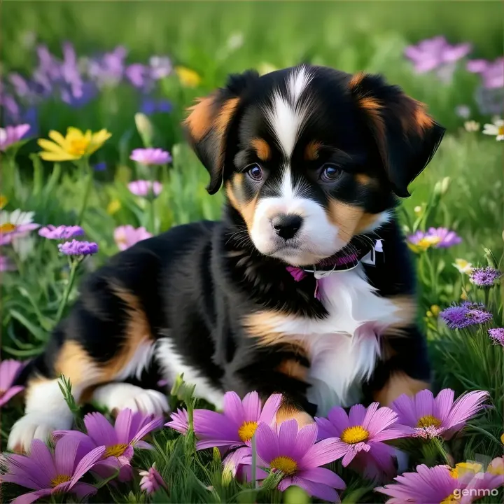 a puppy sitting in a field of flowers