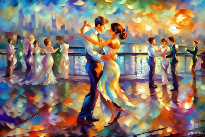 Couple dancing on a rooftop with the city skyline in the background and a light breeze