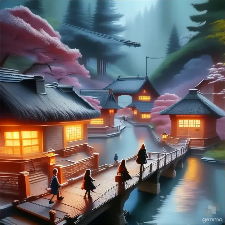 a painting of people walking across a bridge