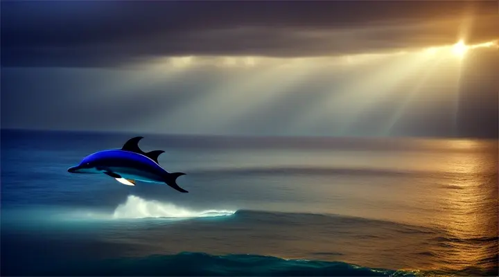 Dolphins diving through an electric-blue ocean, framed by a bright sun and stormy clouds