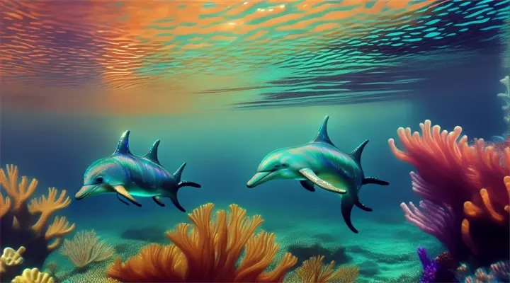 Dolphins diving through a sparkling, luminescent ocean, like iridescent marbles