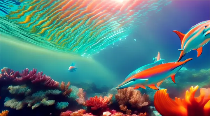 Dolphins swimming through a vibrant rainbow coral reef, with sparkling water and a clear sky above
