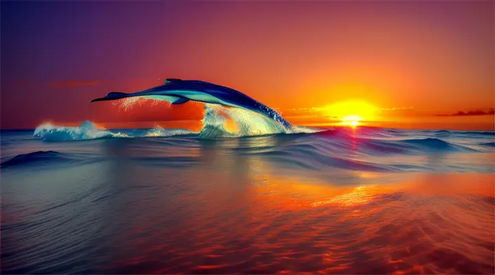 Dolphins glide through a vibrant coral reef set against a fiery sunset sky