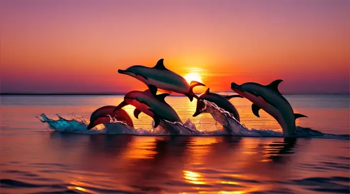 A pod of dolphins silhouetted against a vibrant, fiery sunset sky, jumping out of the water
