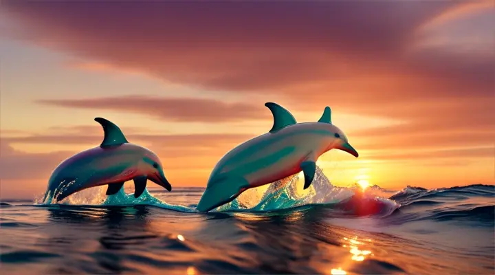 Dolphins jumping out of the water at sunset towards a surreal, colorful sky