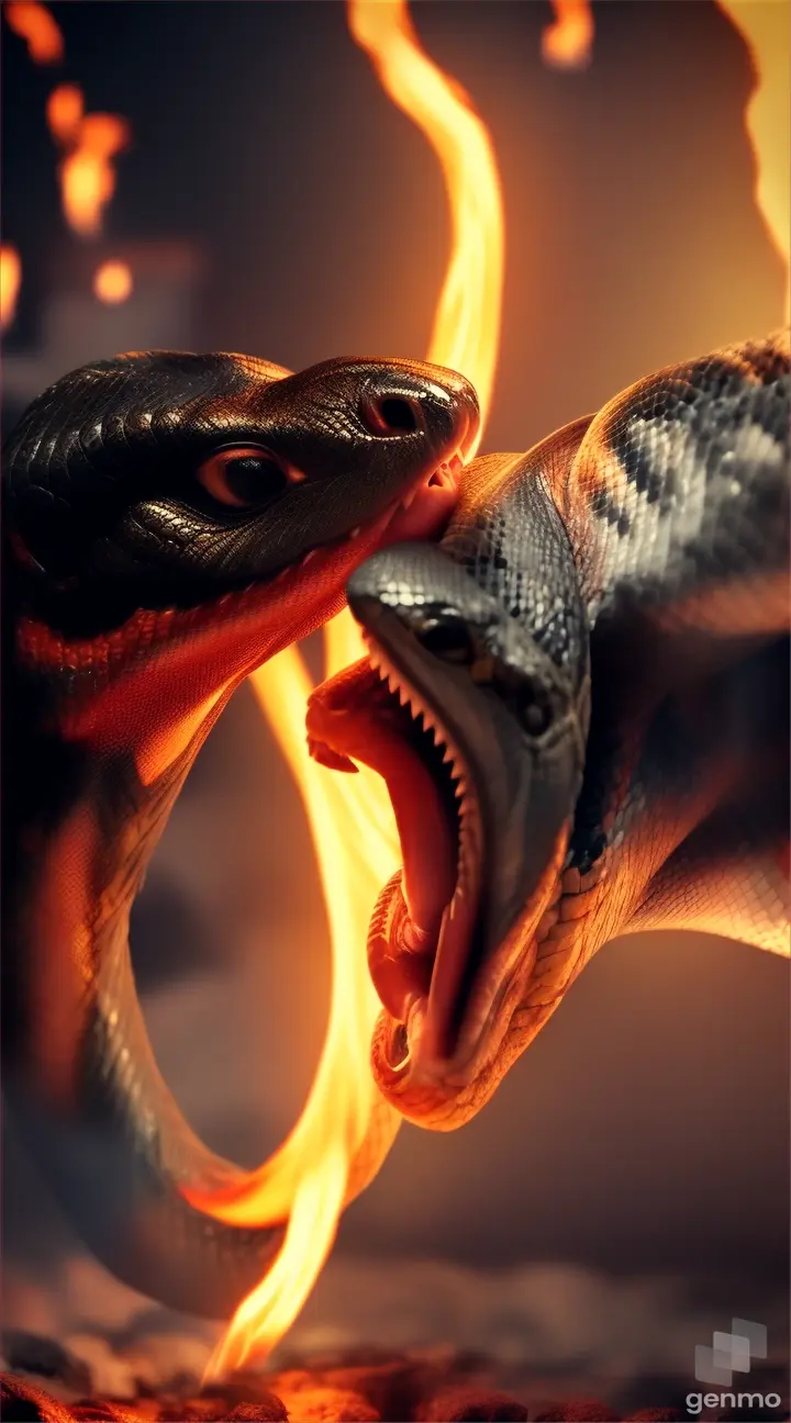 A snake bites a man and he falls into the fire