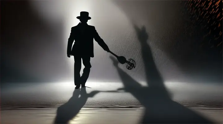 A shadow of a male figure, swept away by a shower of musical notes. The shadow is orchestrated with instruments as if it is a part of the music.