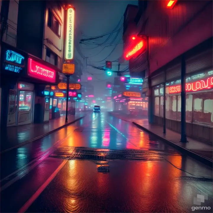 street, wires along the walls, neon lamps, cyberpunk, atmosphere, red colors, blue colors, food shop, shop, night, rain, slums, dangerous place, neon signs, lots of neon lamps