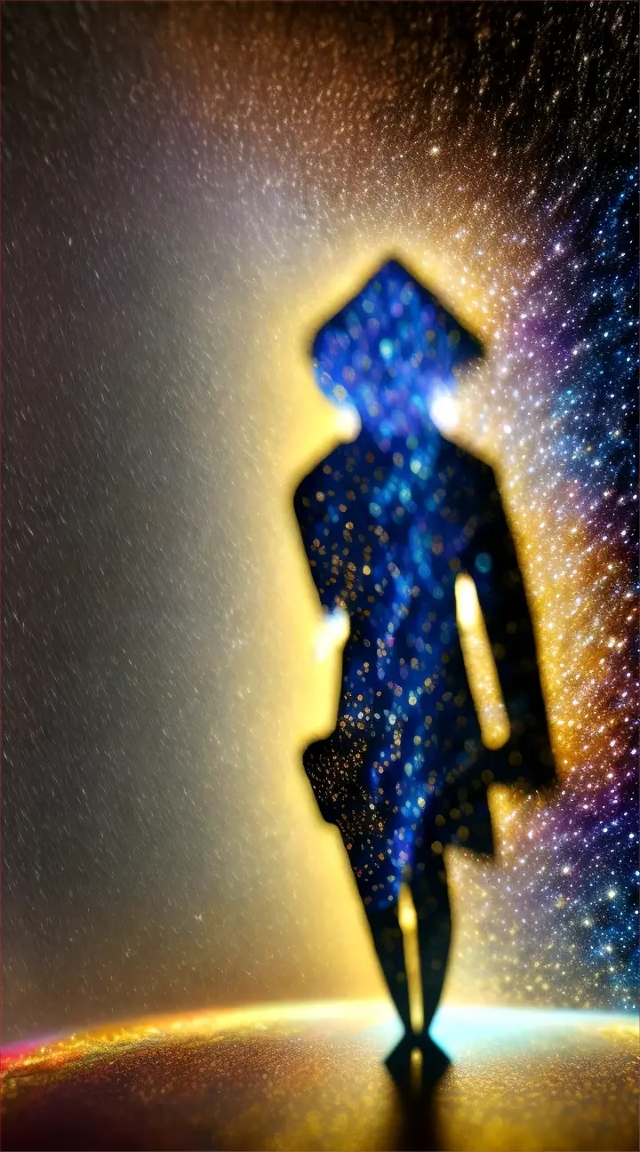 A cosmic shadow of a figure swept away by a shower of musical notes; galaxy background