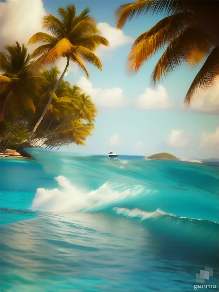 A realistic speedboat driving towards a palm-lined island