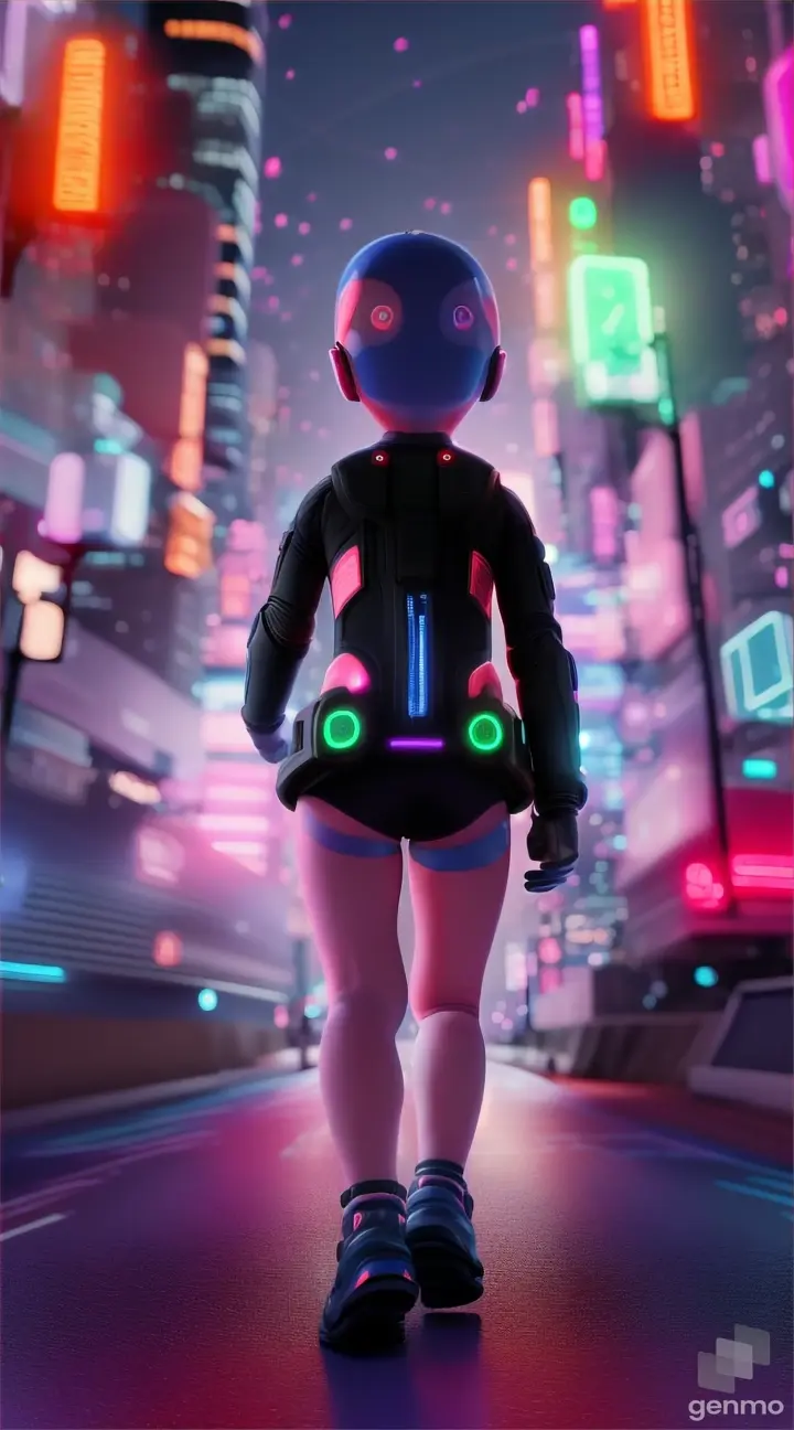 Little baby in sci-fi outfit, running towards us very fast through streets of USA at 7pm with beautiful red and blue celestial atmosphere playground with neon lights and futuristic visuals, set to an upbeat and joyful soundtrack, perfect prominent features, professional video with perfect movements, 64K, 9:16 Ratio, run baby run run baby run