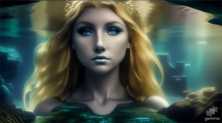 (masterpiece, best quality), close up, A beautiful blonde mermaid with piercing eyes glancing down towards the ground, in the ruins of Atlantis. a dark and moody atmosphere deep depths of the ocean, sea floor, ground, water motion,