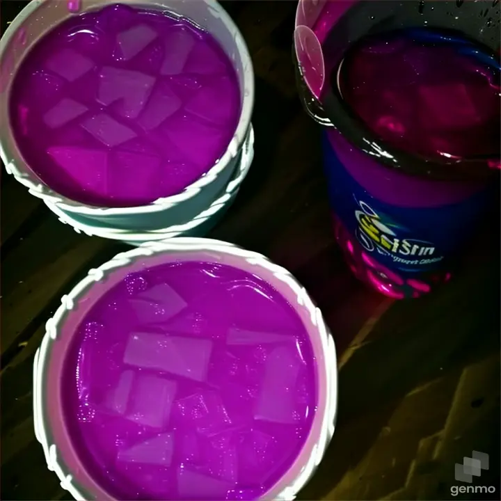 two styrofoam cups of purple liquid sitting on a table