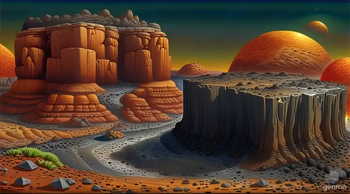 a desert landscape with rocks and a large orange ball