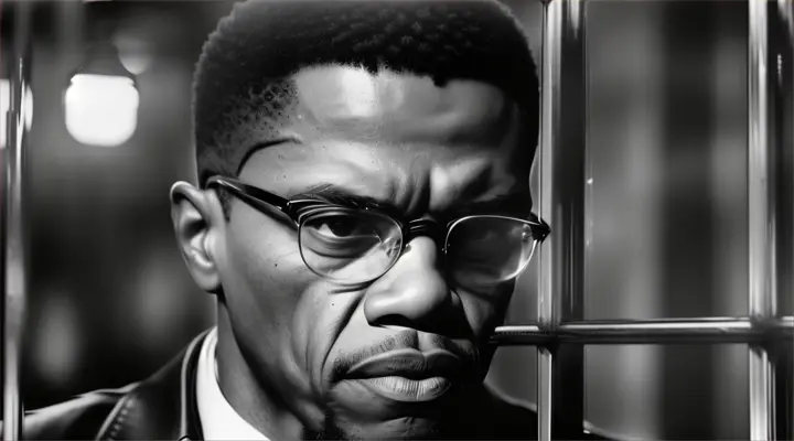 A depiction of Malcolm X during his imprisonment, looking out through the bars