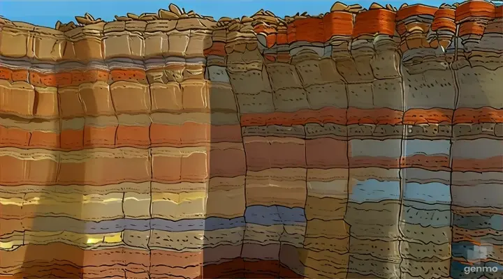 a painting of a cliff face with a blue sky in the background