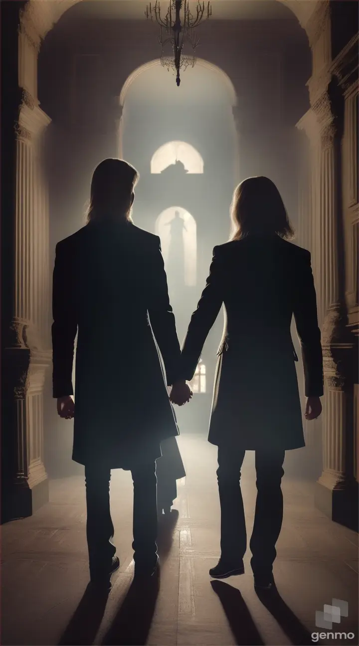 "The friends bravely walking towards the terrifying spirit, holding hands, inside the haunted mansion."