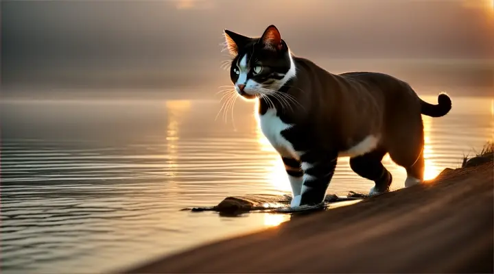 a cat playing on the river bank at sunrise