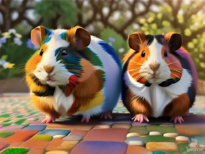 guinea pigs walking over colourful mosaic tiles with tall grasses in background