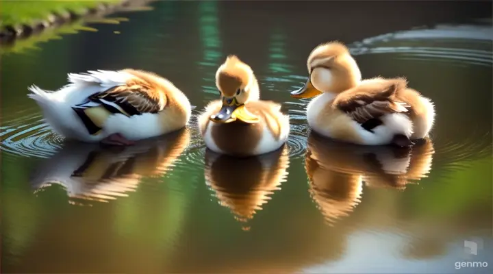 Two ducklings wading through a gentle stream, their reflections shimmering in the water. They're following each other closely, with Mama duck swimming alongside them.
