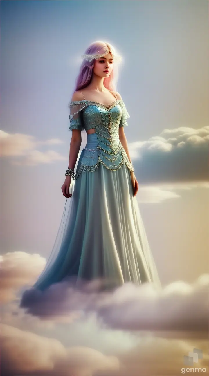 a woman in a chain dress walking on clouds