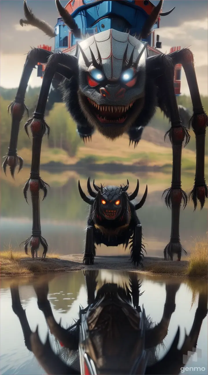 “Thomas the Train transformed into a fearsome, spider-legged monster with sharp teeth and bull horns, standing near a reflective lake or river”
Seed: 415150365