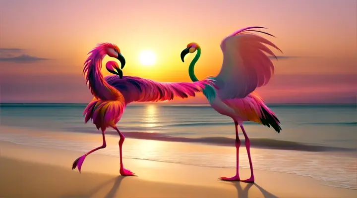 flamingo  dancing with man a beach