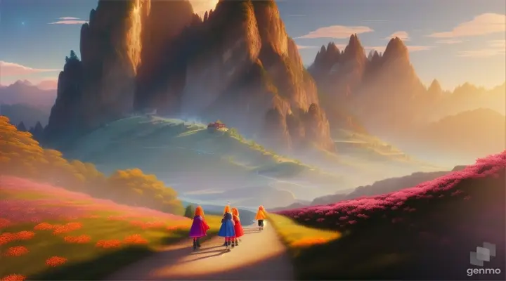 a haunting melody that captivated the children's hearts in mountain road.and children follow melody music 3d cartoon