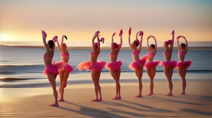 flamingo-morph with-acrobatic-dancers-on sunlit beach