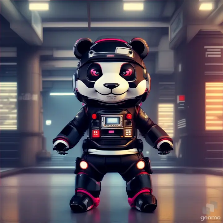 illustraction of techwear, chibi PANDA ninjas robot, mecha future, JAPANESE VIBE detailed design for streetwaer and urban style t-shirts design, (FRONT VIEW) , full view body, no background