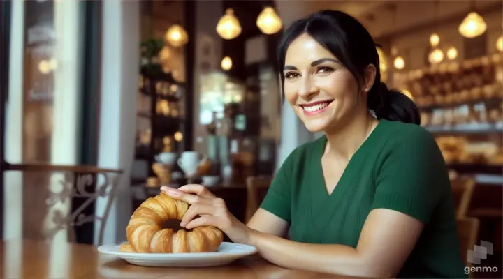une belle femme de 40 ans, souriante, aux cheveux noirs et aux yeux verts clairs, avec une frange sur le front et une queue de cheval, mange un croissant dans un café