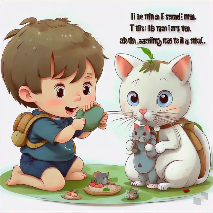 a little boy playing with a cat and a mouse