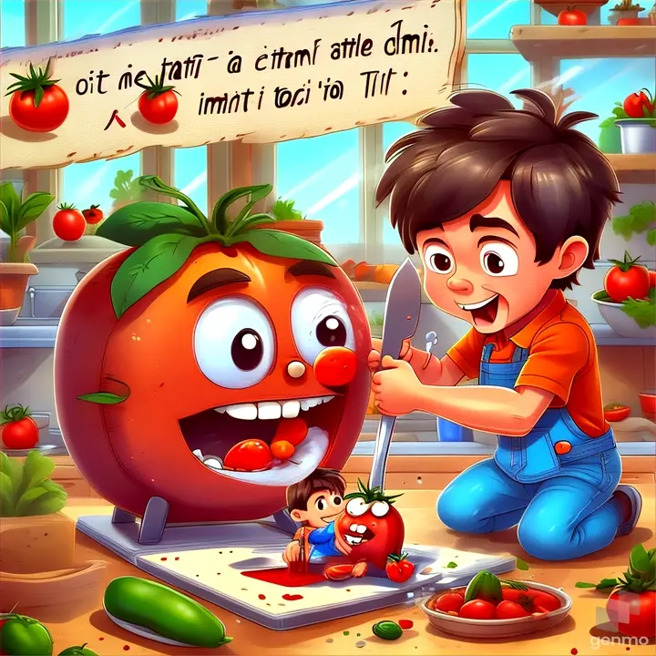 a little boy that is cutting up a tomato