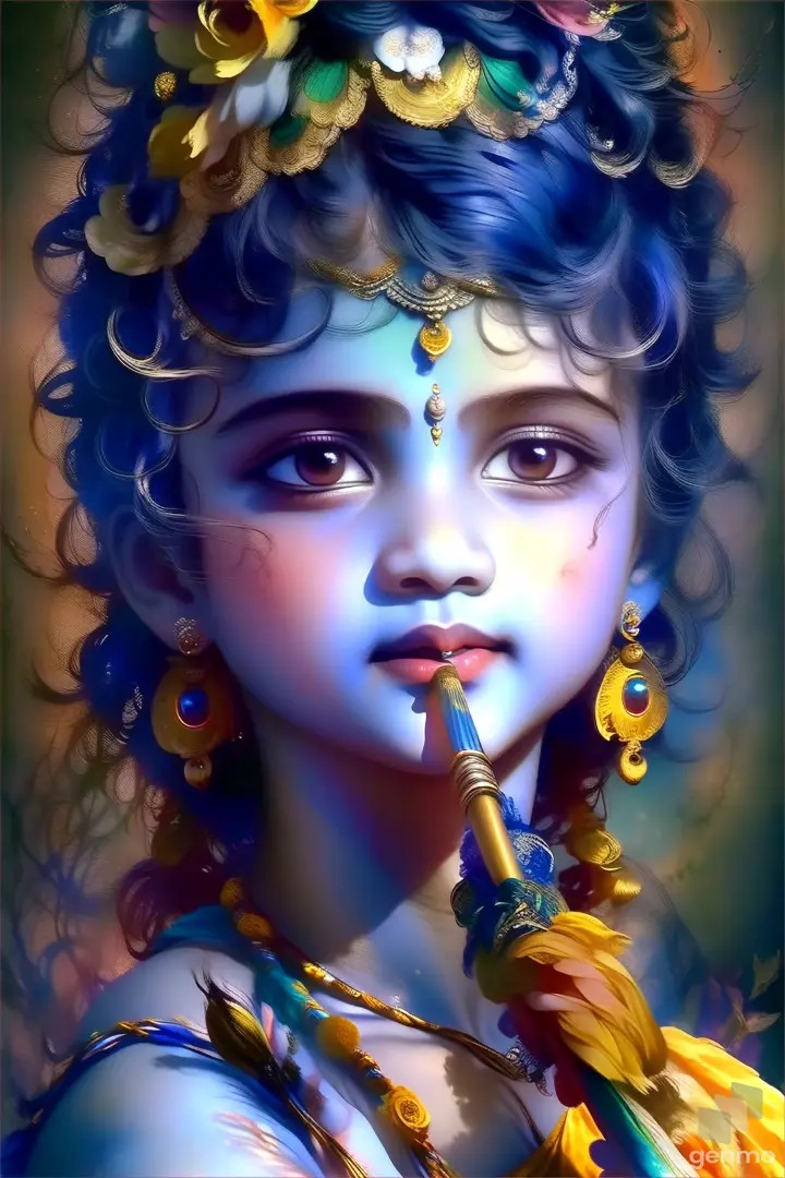 Krishna playing a flute amidst watercolor peacock feathers and flowers, exuding whimsy and happiness
