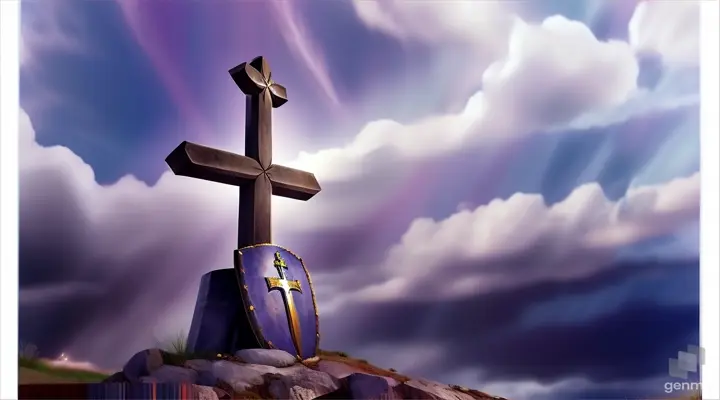 a cross with a shield on a hill under a cloudy sky