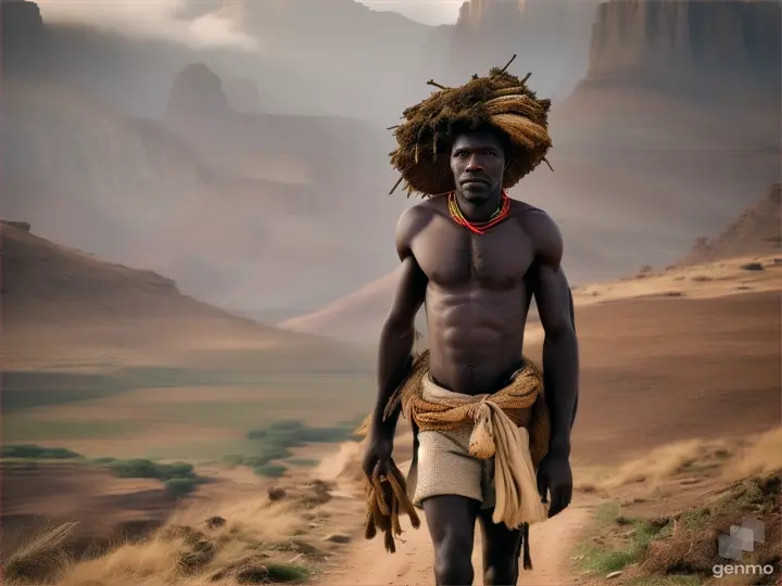 The skinny black man with big eyes and half of his body is naked and he looks exhausted and tired. He walks alone and carries a lot of fodder on his back in the middle of the mountain. Real and realistic clip and horizontal size.